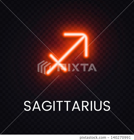 Red Sagittarius zodiac neon symbol isolated on dark backdrop. Modern astrology icon for horoscope artwork, cosmic poster and mystical concept. 140270991
