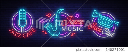 Jazz music collection neon signs. Symbols, collection of logos in neon style, bright night banner, luminous advertising on Jazz music for Jazz cafe, restaurant, party, concert. Vector illustration Jazz music collection neon signs. Symbols, collection of logos in neon style, bright night banner, luminous advertising on Jazz music for Jazz cafe, restaurant, party, concert. Vector illustration 140271001