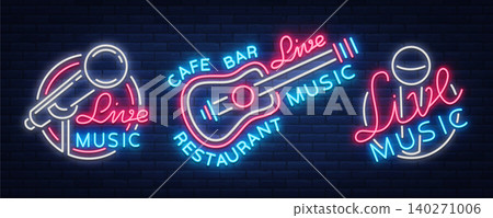 Live music set of neon signs vector logos, poster, emblem for live music festivals, music bars, karaoke, night clubs. Collection of templates for flyers, banners, invitations, brochures and covers Live music set of neon signs vector logos, poster, emblem for live music festivals, music bars, karaoke, night clubs. Collection of templates for flyers, banners, invitations, brochures and covers 140271006