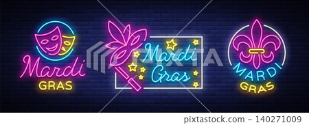 Mardi Gras vector, set of symbols,with holiday greetings, festive card. Fat Tuesday, festive illustration in neon style, luminous banner, neon sign, bright billboard. Design a template for a carnival Mardi Gras vector, set of symbols,with holiday greetings, festive card. Fat Tuesday, festive illustration in neon style, luminous banner, neon sign, bright billboard. Design a template for a carnival 140271009