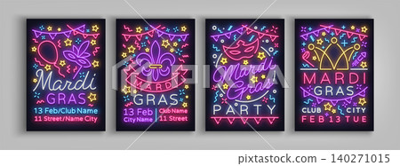 Mardi Gras set design templates invitation. Collection of posters in neon style neon sign bright brochure glowing banner, flyer, postcard invitations to Fat Tuesday. Carnival. Vector illustration Mardi Gras set design templates invitation. Collection of posters in neon style neon sign bright brochure glowing banner, flyer, postcard invitations to Fat Tuesday. Carnival. Vector illustration 140271015