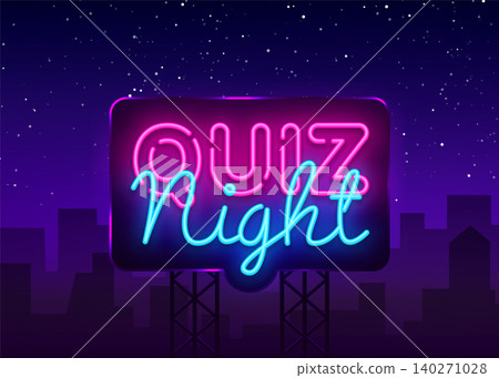 Quiz night announcement poster vector design template. Quiz night neon signboard, light banner. Pub quiz held in pub or bar, night club. Questions game bright retro light sign. Vector Billboard 140271028