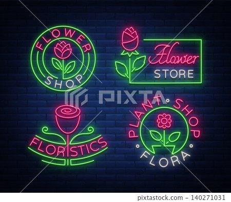 Set of neon logos Flower shop, Plants, Florist, Flora emblem, collection of neon signs. Template design element for business, vivid advertising related to flower delivery, gardening, florist Set of neon logos Flower shop, Plants, Florist, Flora emblem, collection of neon signs. Template design element for business, vivid advertising related to flower delivery, gardening, florist 140271031