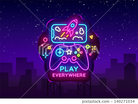 Gamepad and Smartphone neon sign vector. Games for Smartphone Logotype, Emblem Modern Trend Design, Vector Template, Light Banner, Night Vivid Video Game Promotion, Design Element. Vector Billboard Gamepad and Smartphone neon sign vector. Games for Smartphone Logotype, Emblem Modern Trend Design, Vector Template, Light Banner, Night Vivid Video Game Promotion, Design Element. Vector Billboard 140271034
