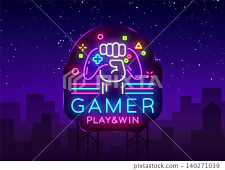 Gamer Play Win logo neon sign Vector logo design template. Game night logo in neon style, gamepad in hand, modern trend design, light banner, bright nightlife advertisement. Vector Billboard Gamer Play Win logo neon sign Vector logo design template. Game night logo in neon style, gamepad in hand, modern trend design, light banner, bright nightlife advertisement. Vector Billboard 140271039