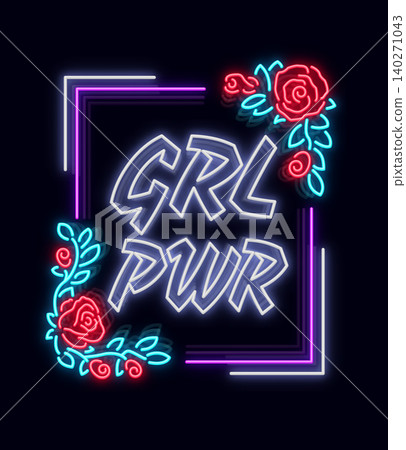 Rock print and slogan vector. Girl Power For T-shirt or other purposes. Symbol of feminism for printing in a neon style. Neon sign Retro style. Womens fashion slogan Rock print and slogan vector. Girl Power For T-shirt or other purposes. Symbol of feminism for printing in a neon style. Neon sign Retro style. Womens fashion slogan 140271043