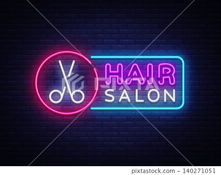 Hair Salon neon sign vector. Hairdress Design template neon sign, light banner, neon signboard, nightly bright advertising, light inscription. Vector illustration Hair Salon neon sign vector. Hairdress Design template neon sign, light banner, neon signboard, nightly bright advertising, light inscription. Vector illustration 140271051