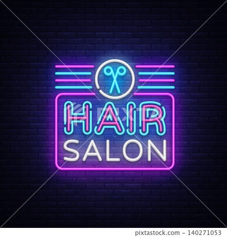 Hair Salon sign vector design template. Hairdress neon logo, light banner design element colorful modern design trend, night bright advertising, bright sign. Vector illustration Hair Salon sign vector design template. Hairdress neon logo, light banner design element colorful modern design trend, night bright advertising, bright sign. Vector illustration 140271053