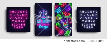Hookah lounge menu design template vector. Hookah lounge typography modern trend design, vertical banners, nightlife neon advertising hookah. Vector Illustration. Editing text neon sign Hookah lounge menu design template vector. Hookah lounge typography modern trend design, vertical banners, nightlife neon advertising hookah. Vector Illustration. Editing text neon sign 140271058