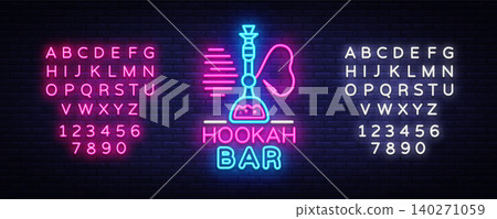 Hookah Bar neon sign vector. Night Hookah Design Template, Light Banner, Night Bright Advertising, Bright Signboard, Design Element Hookah Emblem, Nightlife. Vector. Editing text neon sign Hookah Bar neon sign vector. Night Hookah Design Template, Light Banner, Night Bright Advertising, Bright Signboard, Design Element Hookah Emblem, Nightlife. Vector. Editing text neon sign 140271059