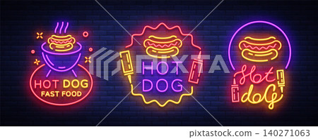 Hot dog collection neon signs vector. Hot dog set logos in neon style design template, night neon emblem, banner, bright signboard, night advertising of fast food for cafe, restaurant, snack bar, bar Hot dog collection neon signs vector. Hot dog set logos in neon style design template, night neon emblem, banner, bright signboard, night advertising of fast food for cafe, restaurant, snack bar, bar 140271063
