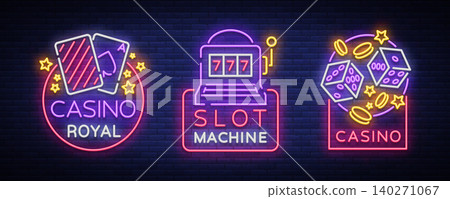 Casino is a set of neon signs. Collection of neon logos slot machine gambling emblem, the bright banner neon casino for your projects. Night light billboard, design element. Vector illustration Casino is a set of neon signs. Collection of neon logos slot machine gambling emblem, the bright banner neon casino for your projects. Night light billboard, design element. Vector illustration 140271067