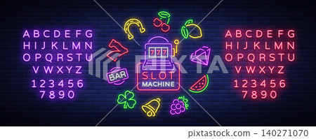 Slot machine is a neon sign. Collection of neon signs for a gaming machine. Game icons for casino. Vector Illustration on Casino, Fortune and Gambling. Jackpot. Editing text neon sign Slot machine is a neon sign. Collection of neon signs for a gaming machine. Game icons for casino. Vector Illustration on Casino, Fortune and Gambling. Jackpot. Editing text neon sign 140271070