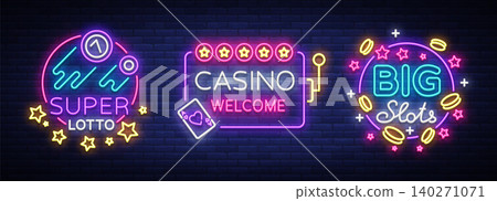 Casino set of logos in neon style. Design template. Neon sign collection, light banner, billboard, bright light advertising gambling, casino, poker, slot machines, bingo lotto. Vector illustration Casino set of logos in neon style. Design template. Neon sign collection, light banner, billboard, bright light advertising gambling, casino, poker, slot machines, bingo lotto. Vector illustration 140271071
