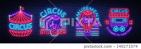 Circus collection of neon signs. Set of logos for circus in neon style, circus symbol, neon banner, bright nightly advertisement of circus show, magic show. Design template. Vector illustration Circus collection of neon signs. Set of logos for circus in neon style, circus symbol, neon banner, bright nightly advertisement of circus show, magic show. Design template. Vector illustration 140271074