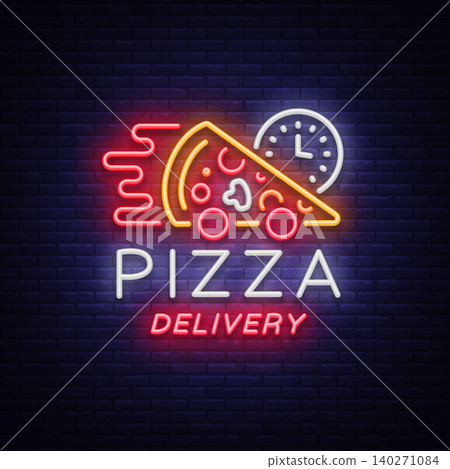 Delivery pizza neon sign. Logo in neon style, light banner, luminous symbol, bright night neon advertising food delivery for restaurant, cafe, pizzerias, dining. Italian cuisine. Vector illustration Delivery pizza neon sign. Logo in neon style, light banner, luminous symbol, bright night neon advertising food delivery for restaurant, cafe, pizzerias, dining. Italian cuisine. Vector illustration 140271084