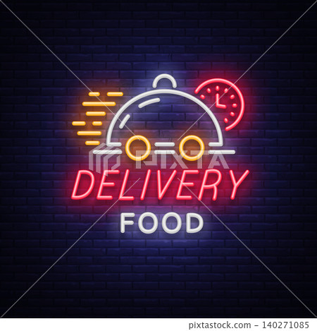 Food delivery neon sign. Logo in neon style, light banner, luminous symbol, bright nightlife neon advertising food delivery for your projects. Vector illustration Food delivery neon sign. Logo in neon style, light banner, luminous symbol, bright nightlife neon advertising food delivery for your projects. Vector illustration 140271085