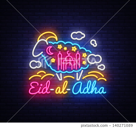 Muslim holiday Eid al-Adha holiday vector illustration. Eid al-Adha neon sign design template, modern trend design, light banner. Graphic design decoration Kurban Bayram. Vector Illustration Muslim holiday Eid al-Adha holiday vector illustration. Eid al-Adha neon sign design template, modern trend design, light banner. Graphic design decoration Kurban Bayram. Vector Illustration 140271089