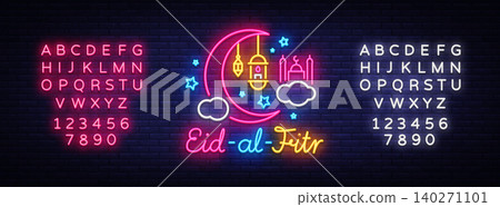 Eid-Al-Fitr festive card design template in modern trend style. Neon style, Islamic and Arabic background for the holiday of the Muslim community. Ramadan Kareem. Vector. Editing text neon sign Eid-Al-Fitr festive card design template in modern trend style. Neon style, Islamic and Arabic background for the holiday of the Muslim community. Ramadan Kareem. Vector. Editing text neon sign 140271101