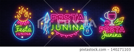 Festa Junina greeting card collection design template neon vector. Modern trend design, neon sign, light banner. Vector Brazilian June Festival for greeting card, invitation or festive poster. Vector Festa Junina greeting card collection design template neon vector. Modern trend design, neon sign, light banner. Vector Brazilian June Festival for greeting card, invitation or festive poster. Vector 140271103