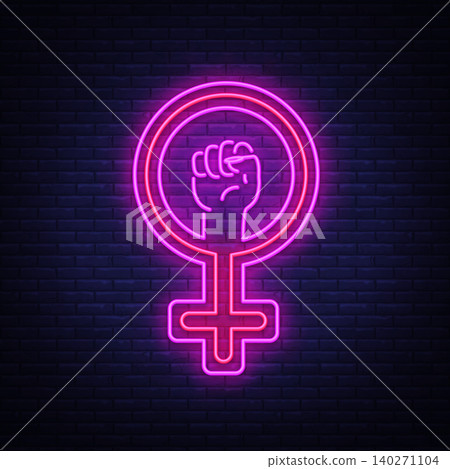 Female gender symbol neon sign vector. Feminism night light symbol, icon. Feminist protest symbol in neon style. Design a template for Equality Female gender symbol neon sign vector. Feminism night light symbol, icon. Feminist protest symbol in neon style. Design a template for Equality 140271104