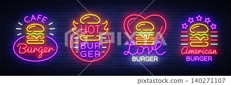 Burger Cafe set of neon signs. Fastfood burger sandwich collection logos in neon style, banner, design template, night advertising for dining, restaurant, snack bar, street food. Vector Illustrations Burger Cafe set of neon signs. Fastfood burger sandwich collection logos in neon style, banner, design template, night advertising for dining, restaurant, snack bar, street food. Vector Illustrations 140271107