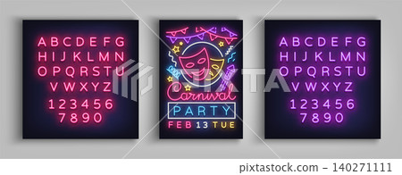 Carnival party poster in neon style. Neon sign, design template, brochure, night light poster. Bright neon advertising for carnival, masquerade, party. Vector illustration. Editing text neon sign Carnival party poster in neon style. Neon sign, design template, brochure, night light poster. Bright neon advertising for carnival, masquerade, party. Vector illustration. Editing text neon sign 140271111