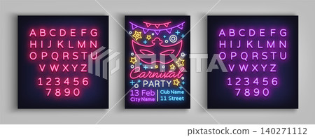 Carnival party design template, brochure, poster in neon style. Bright luminous invitation to the carnival party, masquerade. Neon sign, flyer. Mardi Gras Vector illustration. Editing text neon sign Carnival party design template, brochure, poster in neon style. Bright luminous invitation to the carnival party, masquerade. Neon sign, flyer. Mardi Gras Vector illustration. Editing text neon sign 140271112
