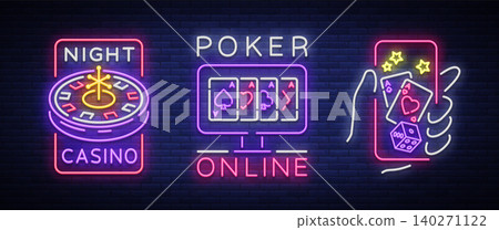 Casino is a set of neon signs. Logo collection in neon style, luminous banner, bright neon advertising online poker, gambling, casino for your projects. Play money online. Vector illustration 140271122