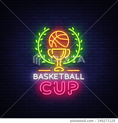 Basketball Tourament Night Neon Logo Vector. Basketball Cup neon sign, design template, modern trend design, sports neon signboard, night bright advertising, light banner, light art. Vector Basketball Tourament Night Neon Logo Vector. Basketball Cup neon sign, design template, modern trend design, sports neon signboard, night bright advertising, light banner, light art. Vector 140271128