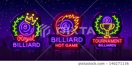 Billiards collection of logos neon style. Neon signs set design template for Billiard bar, club, beer and billiards, royal, light banner, night neon advertisement, design element. Vector. Billboard Billiards collection of logos neon style. Neon signs set design template for Billiard bar, club, beer and billiards, royal, light banner, night neon advertisement, design element. Vector. Billboard 140271136