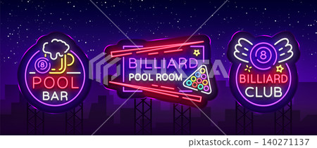 Billiards set of neon signs. Collection Design Patterns Bright neon emblem, logo for Billiard Club, Bar, Tournament. Light banner, night sign for your projects. Vector Illustration. Billboard Billiards set of neon signs. Collection Design Patterns Bright neon emblem, logo for Billiard Club, Bar, Tournament. Light banner, night sign for your projects. Vector Illustration. Billboard 140271137