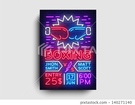Boxing Flyer design template. Boxing night Light Banner, Design Boxing Match Invitation, Neon Style, Bright Brochure, Typography, Bright Neon Advertising. Vector illustration Boxing Flyer design template. Boxing night Light Banner, Design Boxing Match Invitation, Neon Style, Bright Brochure, Typography, Bright Neon Advertising. Vector illustration 140271140