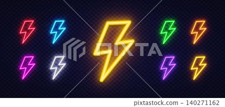 Set of 9 neon lightning bolt icons in red, blue, yellow, green, orange, pink, purple and white on dark transparent background. Colorful electric thunder symbols for game, sport or energy design. Set of 9 neon lightning bolt icons in red, blue, yellow, green, orange, pink, purple and white on dark transparent background. Colorful electric thunder symbols for game, sport or energy design. 140271162