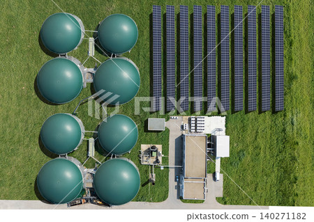Aerial view of biogas plant using renewable energy for biomethane production. Aerial view of biogas plant using renewable energy for biomethane production. 140271182