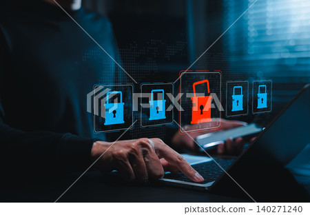 Cybersecurity Breach Alert Concept. Red open lock, unlocked password risk, secure access failure, cyber attack, data protection warning, account vulnerability, digital threat detection, system hacked 140271240