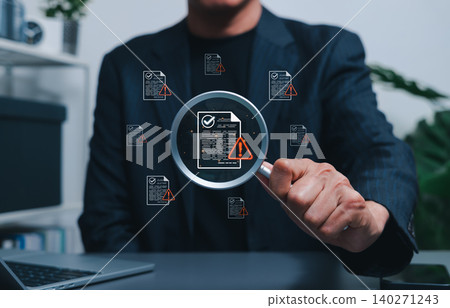 Document risk review and compliance audit warning concept. Businessman using magnifying glass to inspect files with alert icons. document validation, policy control, error detection, quality assurance 140271243