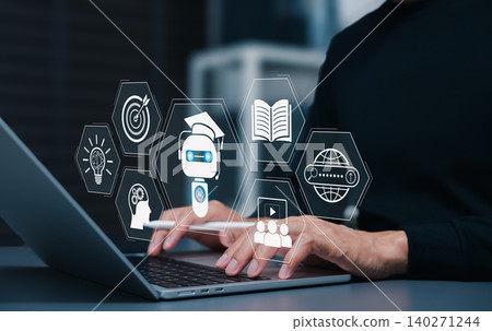 AI education technology and digital learning platform concept. student using laptop to learn with smart chatbot tutor, training automation, online education knowledge course, e-learning, AI EdTech, 140271244