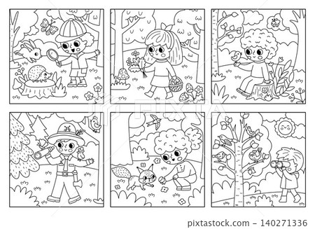Square black and white cartoon forest explorer backgrounds set with cute kids. Nature woodland line landscapes with ranger, children feeding squirrel, birdwatching. Wildlife scenes, coloring page Square black and white cartoon forest explorer backgrounds set with cute kids. Nature woodland line landscapes with ranger, children feeding squirrel, birdwatching. Wildlife scenes, coloring page 140271336