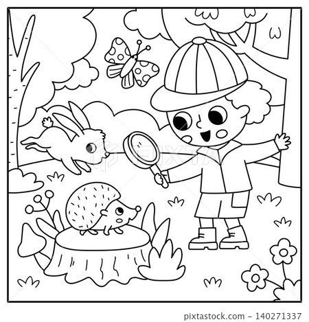 Square black and white cartoon forest explorer background with cute kid. Nature woodland landscape with boy watching with looking glass at hedgehog on tree stump. Wildlife line scene, coloring page Square black and white cartoon forest explorer background with cute kid. Nature woodland landscape with boy watching with looking glass at hedgehog on tree stump. Wildlife line scene, coloring page 140271337