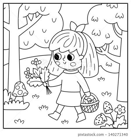 Square black and white cartoon forest explorer background with cute kid. Nature line woodland landscape with girl walking with basket and gathering leaves. Wildlife scene, coloring page Square black and white cartoon forest explorer background with cute kid. Nature line woodland landscape with girl walking with basket and gathering leaves. Wildlife scene, coloring page 140271340