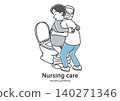 A male caregiver assisting an elderly man with his toileting needs. 140271346