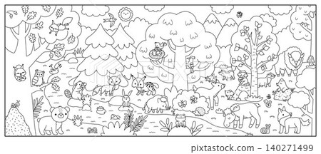 Horizontal black and white cartoon forest animals border background. Nature line woodland landscape with trees, plants, birds, insects, bear, fox, elk, bison. Wildlife panorama scene, coloring page Horizontal black and white cartoon forest animals border background. Nature line woodland landscape with trees, plants, birds, insects, bear, fox, elk, bison. Wildlife panorama scene, coloring page 140271499