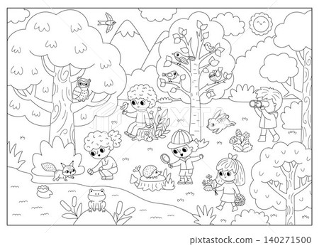 Horizontal black and white cartoon forest background with kids exploring woods. Nature line woodland landscape, coloring page with trees, plants, birds, animals. Wildlife scene with children Horizontal black and white cartoon forest background with kids exploring woods. Nature line woodland landscape, coloring page with trees, plants, birds, animals. Wildlife scene with children 140271500