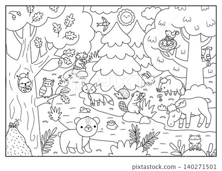 Horizontal black and white cartoon forest animals background. Nature line woodland landscape with trees, plants, birds, insects, bear, fox, elk, boar. Wildlife scene, coloring page with stream Horizontal black and white cartoon forest animals background. Nature line woodland landscape with trees, plants, birds, insects, bear, fox, elk, boar. Wildlife scene, coloring page with stream 140271501