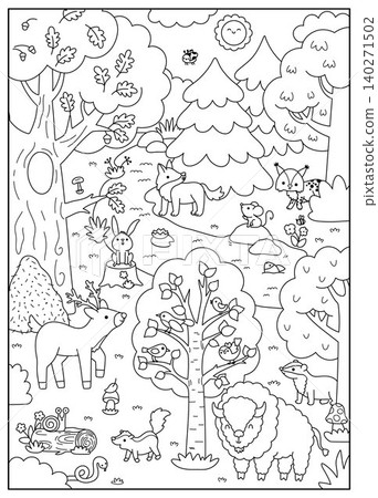 Vertical black and white cartoon forest animals background. Nature line woodland landscape with trees, plants, birds, insects, lynx, wolf, deer, bison. Wildlife panorama scene, coloring page with Vertical black and white cartoon forest animals background. Nature line woodland landscape with trees, plants, birds, insects, lynx, wolf, deer, bison. Wildlife panorama scene, coloring page with 140271502