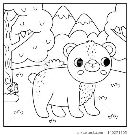 Square black and white cartoon scene with bear, tree, mountains. Forest line background with cute cartoon animal. Nature woodland story book landscape, coloring page for kids Square black and white cartoon scene with bear, tree, mountains. Forest line background with cute cartoon animal. Nature woodland story book landscape, coloring page for kids 140271505