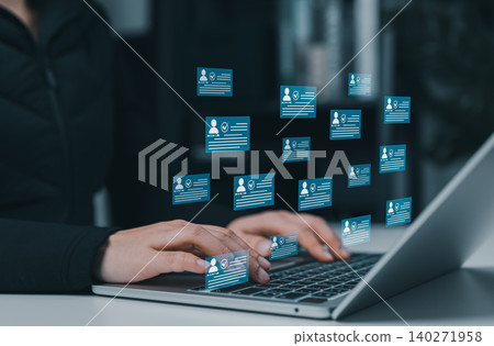 Employee profile verification and digital identity management concept. Professional using laptop. approved user records, HR database cards, recruitment screening, onboarding workflow, compliance check Employee profile verification and digital identity management concept. Professional using laptop. approved user records, HR database cards, recruitment screening, onboarding workflow, compliance check 140271958