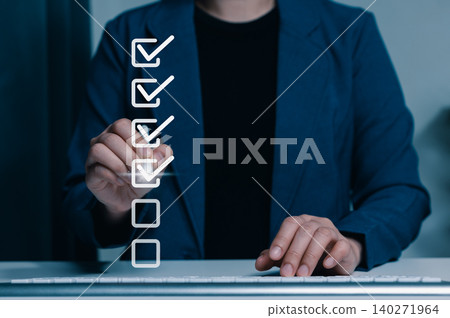 Digital checklist completion and task verification concept. Businesswoman marking check boxes on virtual list. approval, workflow progress, quality control, productivity management, project assessment Digital checklist completion and task verification concept. Businesswoman marking check boxes on virtual list. approval, workflow progress, quality control, productivity management, project assessment 140271964