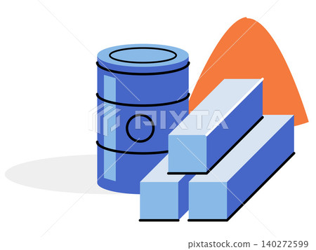 Industrial raw materials with oil barrel and metal bars vector illustration. Manufacturing, global trade, energy sector, construction supply, mining industry, logistics. Fuel drum and steel beam Industrial raw materials with oil barrel and metal bars vector illustration. Manufacturing, global trade, energy sector, construction supply, mining industry, logistics. Fuel drum and steel beam 140272599